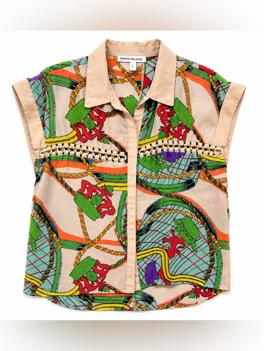 Peppe Peluso Y2K Equestrian Scarf Print Gold Chain Blouse Size L